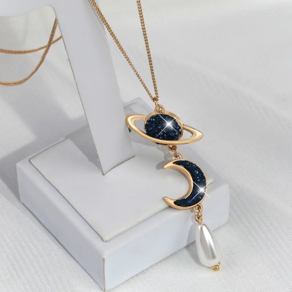 GOLD MOON & PLANET LONG TASSEL NECKLACE
